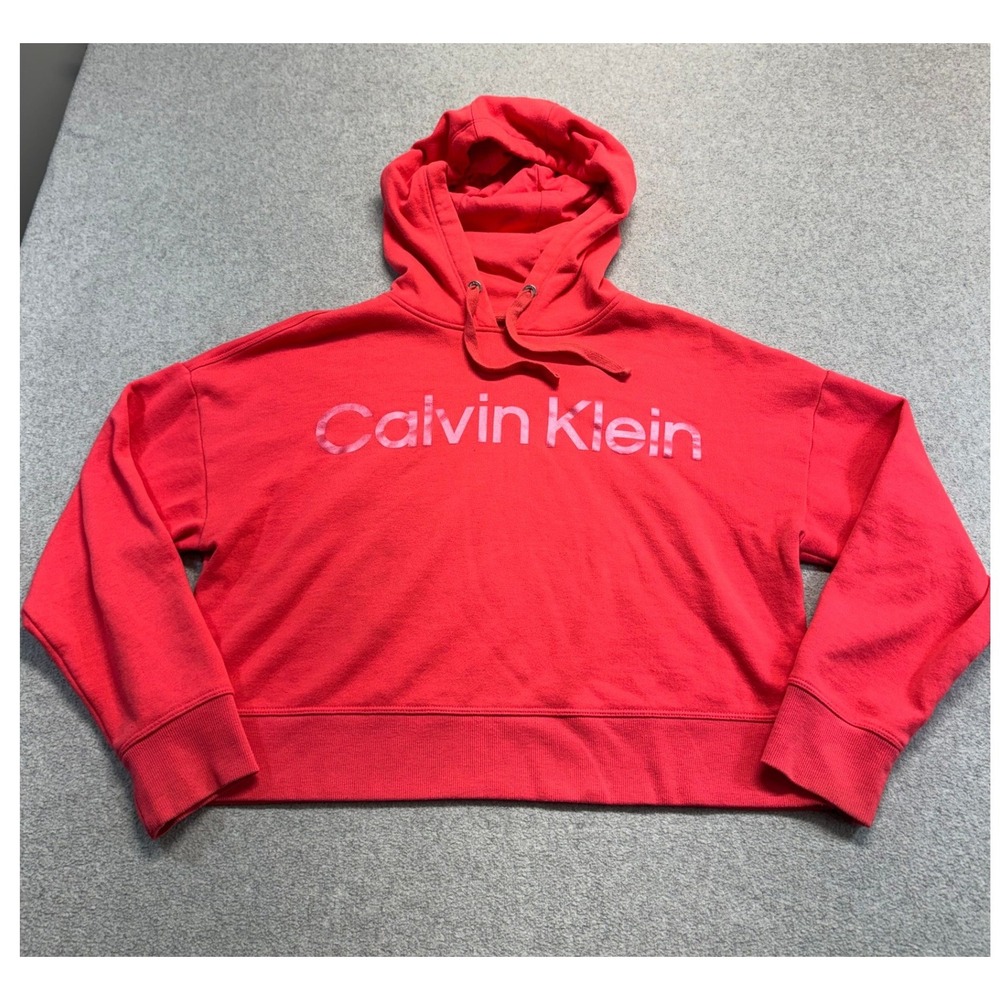 Calvin Klein Jeans Womens M Coral Pink Logo Pullover Hoodie Fleece Sweatshirt